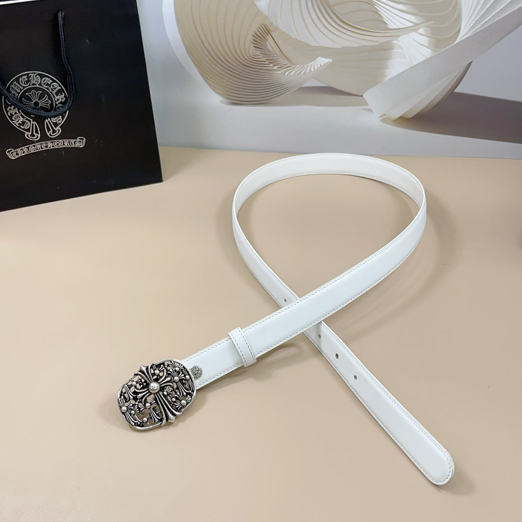 White leather belt with ornate silver-tone oval buckle, laid flat