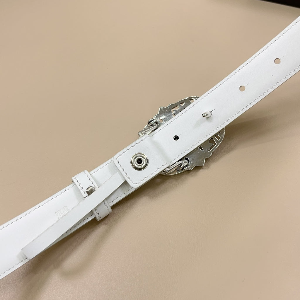 White leather belt with adjustable keeper and silver buckle detail