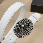White leather belt with detailed silver-tone round buckle