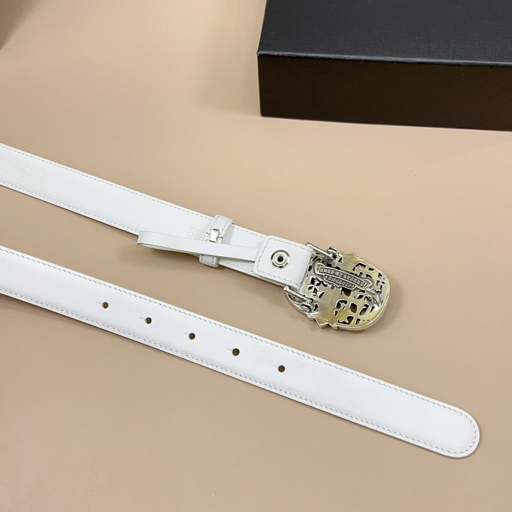 White leather belt with silver-tone clasp and stud holes