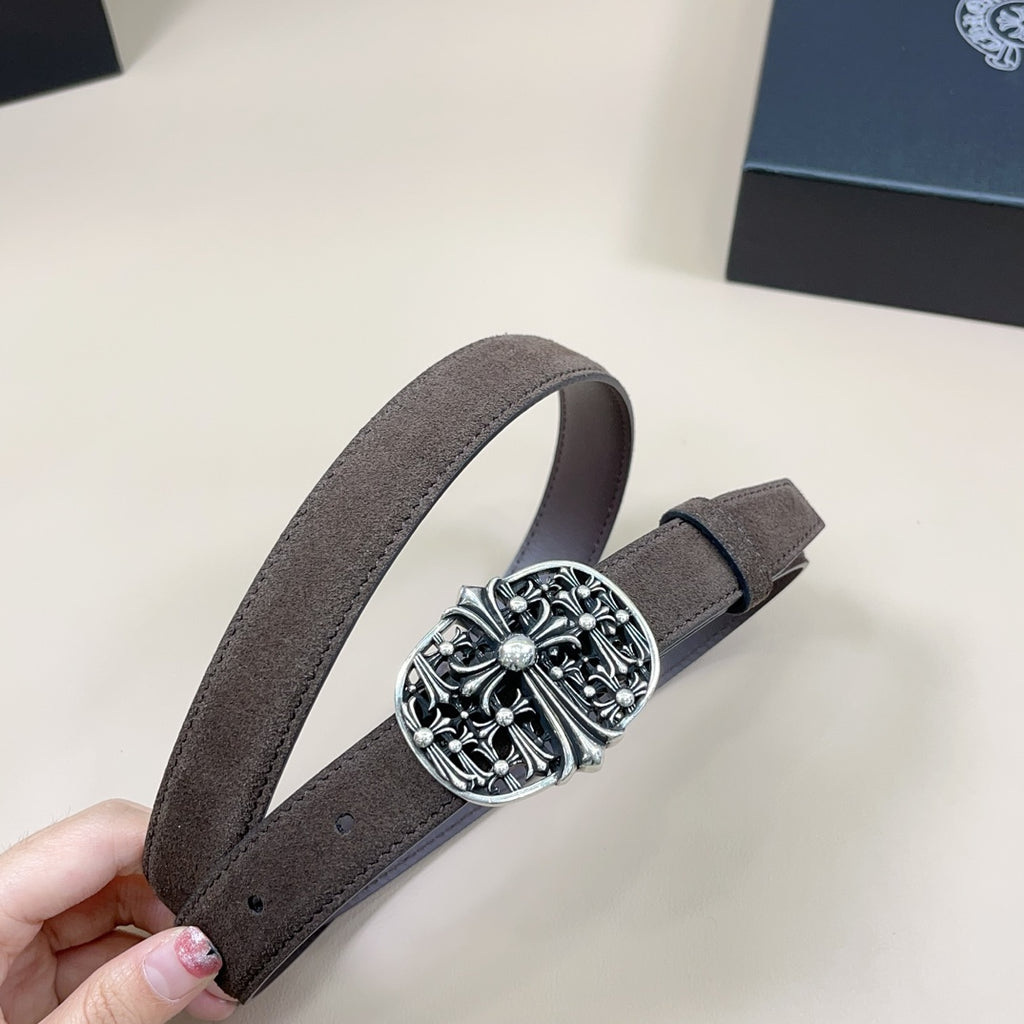 Chrome belt on hand: dark brown suede with oval chrome-toned floral buckle