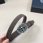 Chrome belt on hand: dark brown suede with oval chrome-toned floral buckle