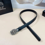 Dark blue leather belt with ornate silver buckle and matching long end strap