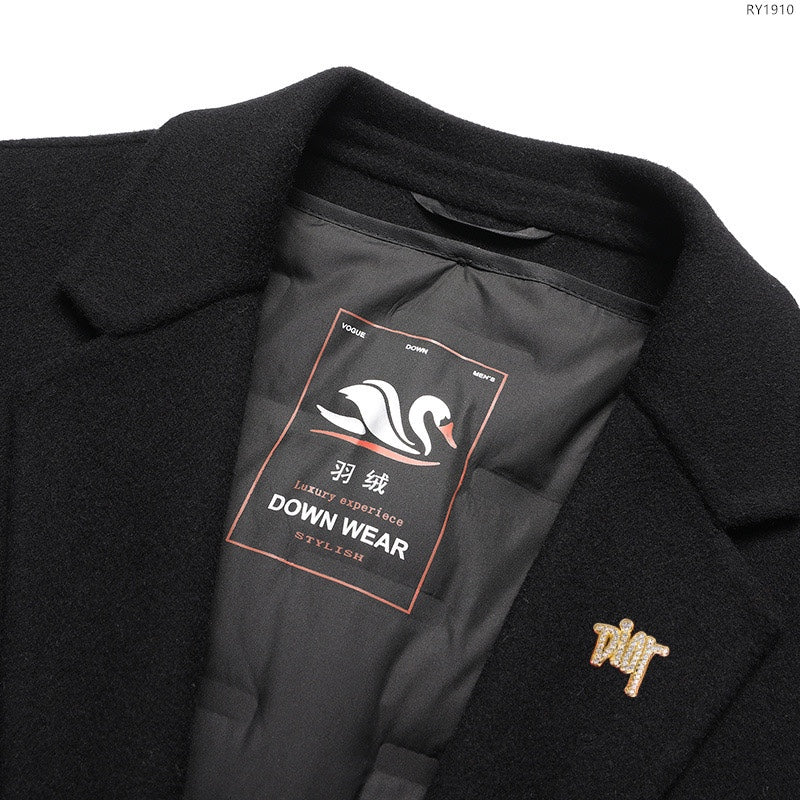 Coat chest logo patch and buttoned pocket flap on dark fabric