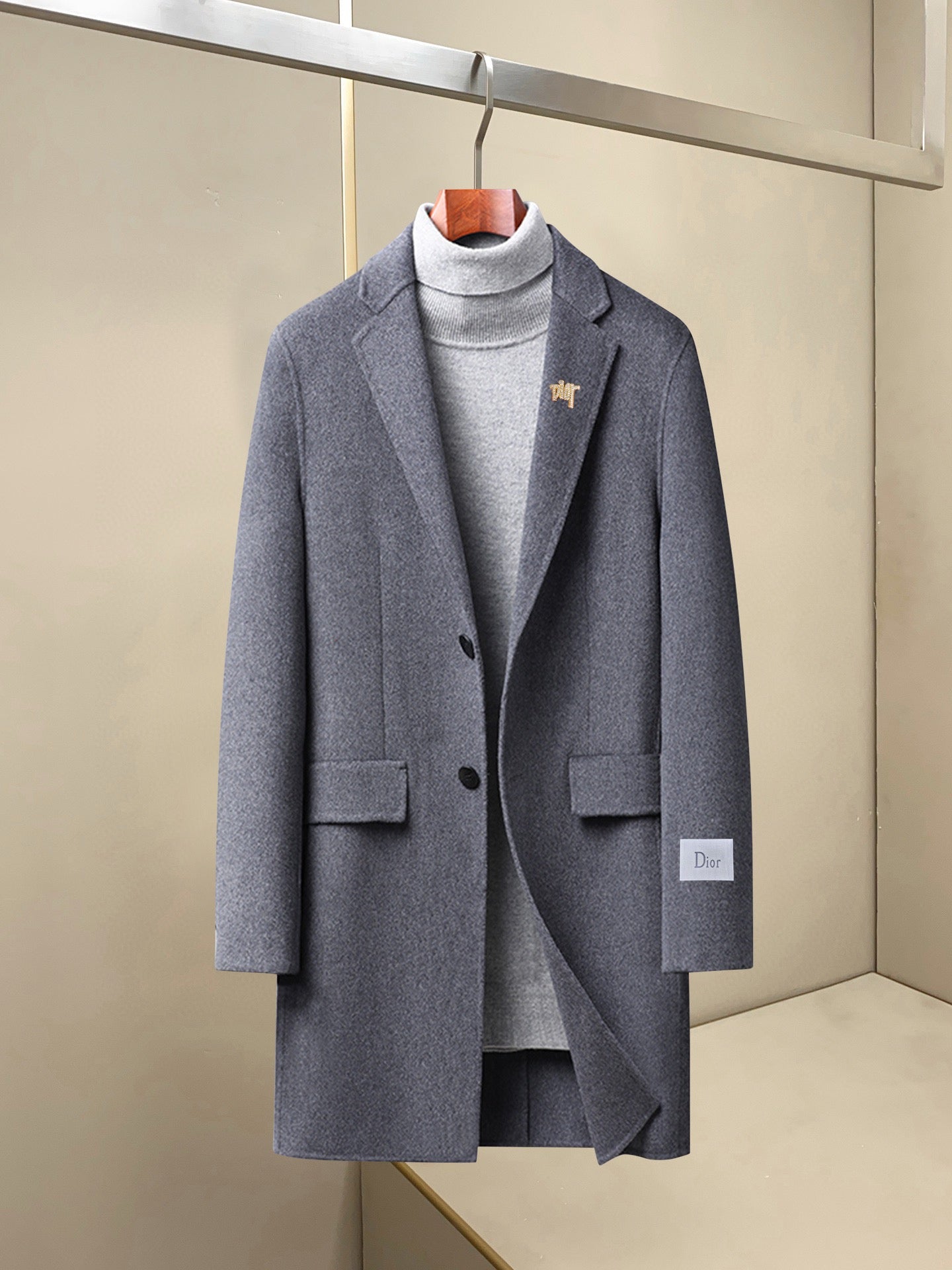 Long coat with notch lapels, single-button front, chest and hip pockets, dark blue-gray