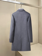 Long back view coat with stand collar and center back seam, dark blue-gray