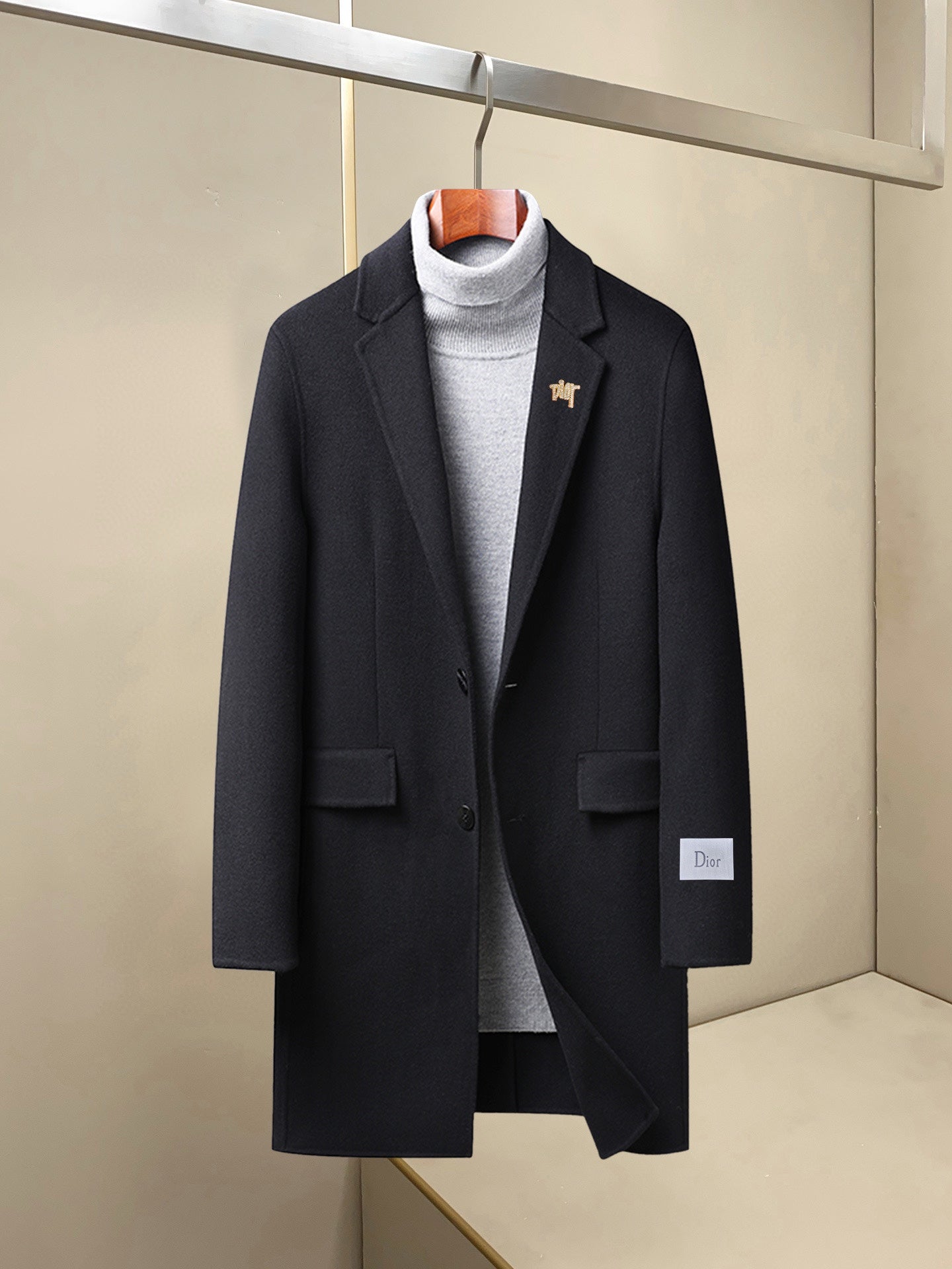 Long coat with notch lapels, button front, flap pockets, dark navy