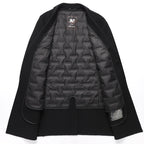 Open long coat showing quilted dark lining and interior pocket, black