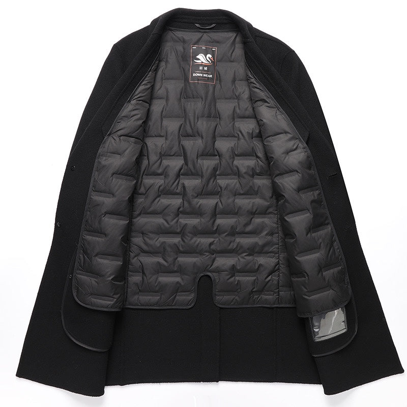 Open long coat showing quilted dark lining and interior pocket, black