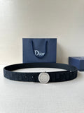 Dior belt with dark monogram webbing and round silver-tone buckle