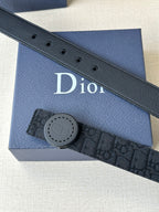 Dior belt close-up of dark strap holes and round gray buckle with logo