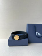 Dior belt with dark monogram strap and gold-tone round buckle