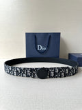 Logo-print belt with dark round buckle, black-and-white patterned strap