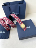 Dior belt displayed with blue box; red-and-white monogram strap and round gold buckle