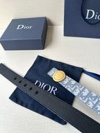 Dior belt set with textured leather strap and monogram strap, both with buckle holes