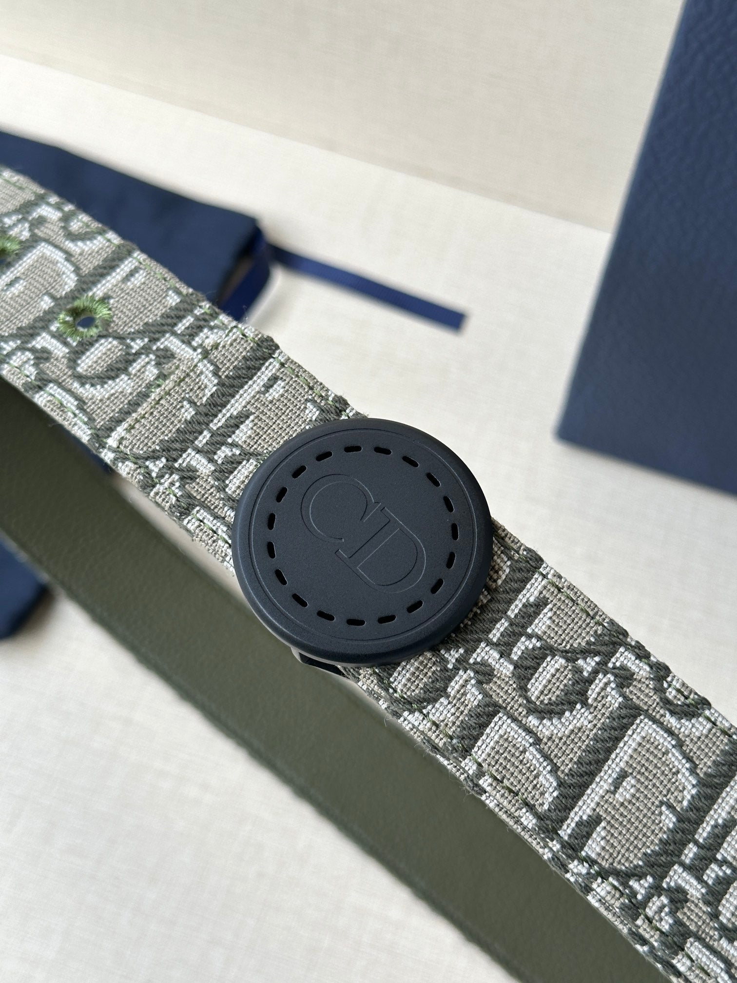 Dior belt close-up with round black buckle on monogram fabric strap and olive edge.
