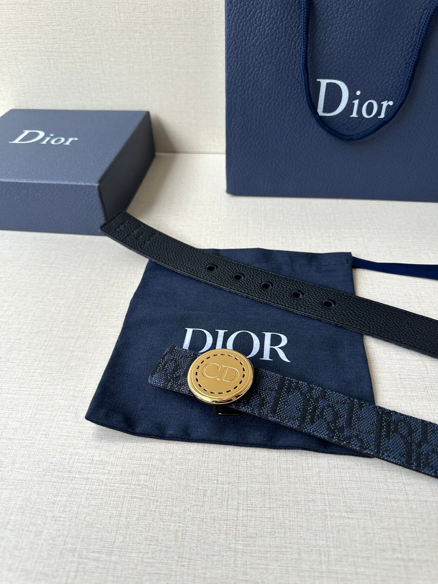 Navy Dior belt flat with gold-tone round logo buckle and monogram strap