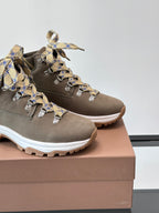 Burberry lace-up boot with check ribbon lace accents, dark taupe suede, chunky white outsole