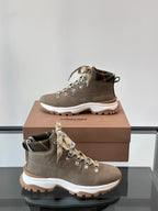 Pair of Burberry lace-up boots with check ribbon laces, dark taupe suede, white rugged sole