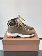 Burberry lace-up boot with check ribbon ties, dark taupe suede upper, chunky white sole