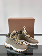 Burberry lace-up boot with check ribbon bow accents, dark taupe suede, white outsole
