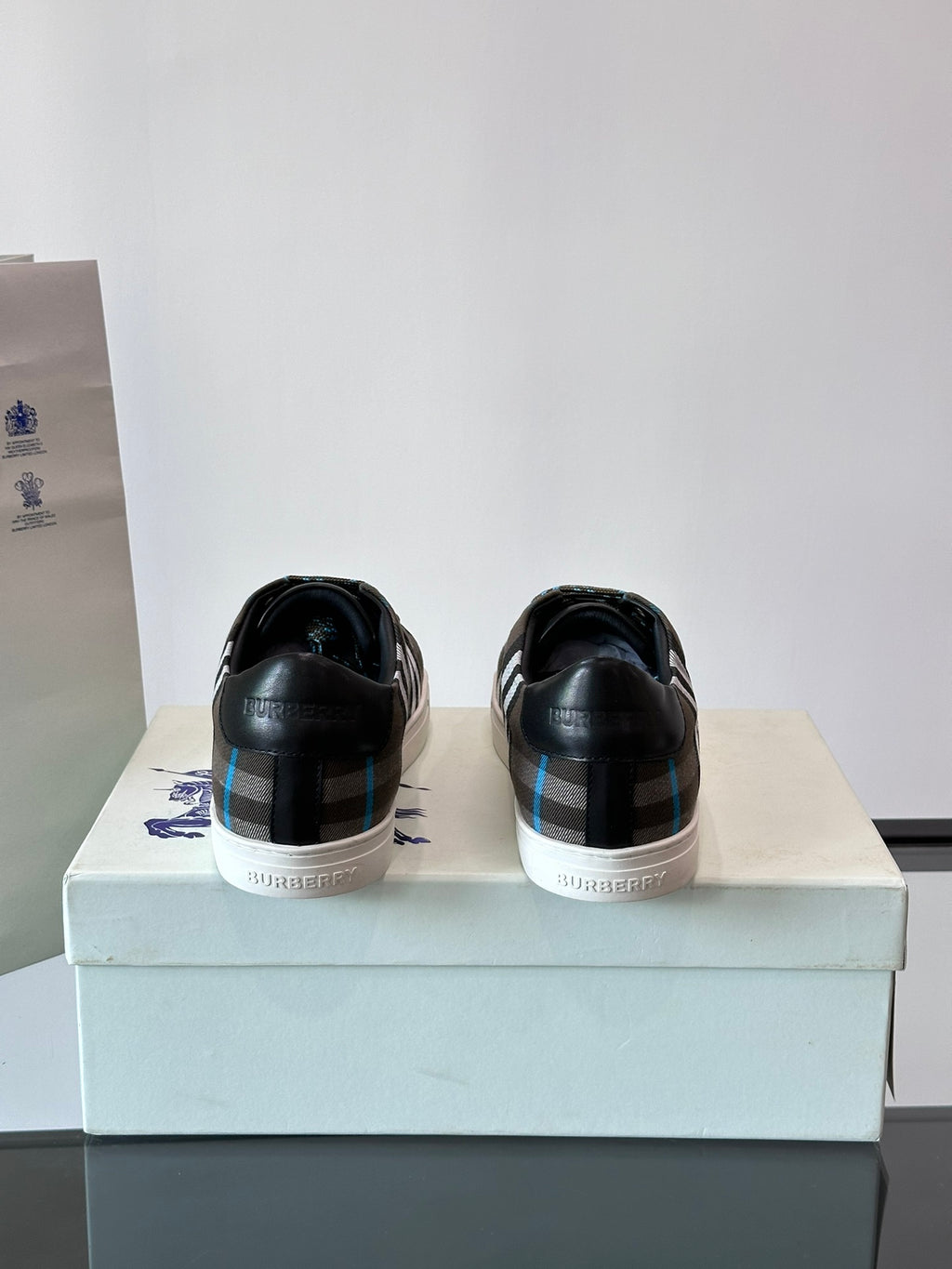 Pair of plaid low-top sneakers, black heel panels, lace-up with blue accents