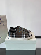 Burberry plaid low-top sneakers, black trim, lace-up with blue accents