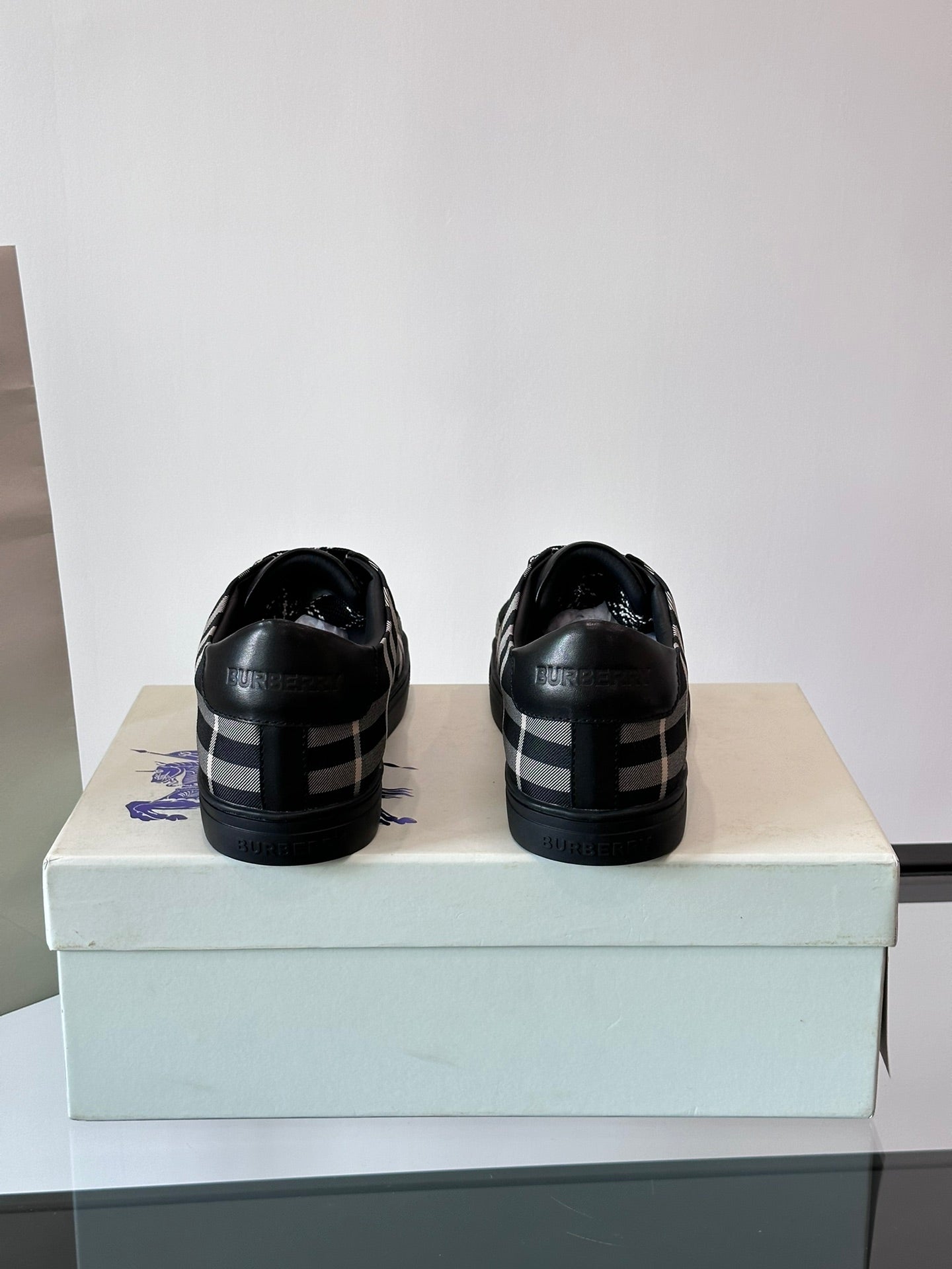 Burberry back view sneakers, black with check side panels