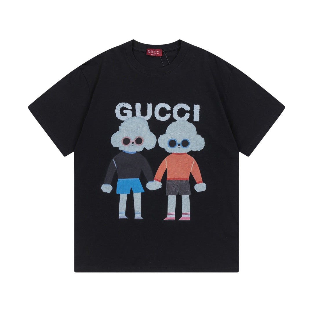 Black Gucci T-shirt with two-figure bear graphic and GUCCI logo on front