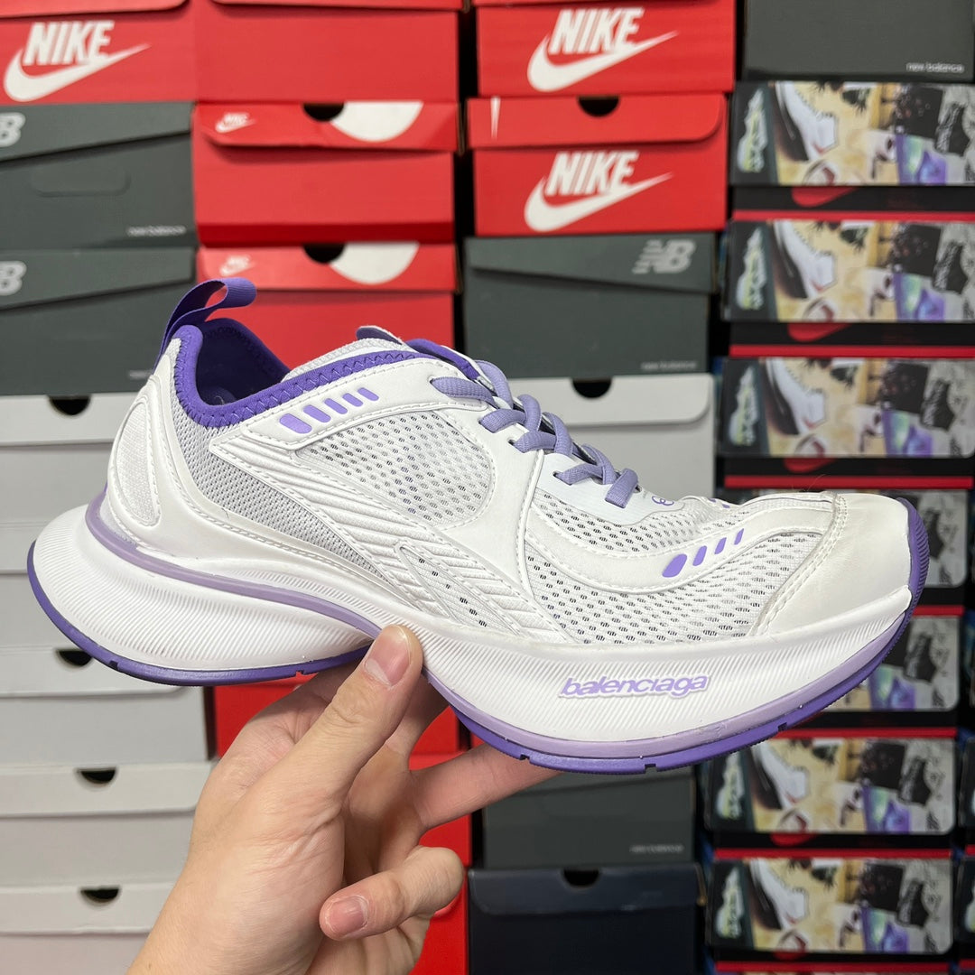 White and purple Balenciaga lace-up sneaker with mesh upper and padded collar