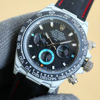 Rolex Daytona chronograph watch with black dial, turquoise subdials, and steel case.