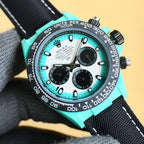 Rolex Daytona chronograph watch with teal dial, black subdials, and teal bezel insert.