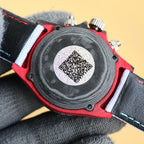 Rolex watch caseback with QR code, red and black outer ring, stainless screws