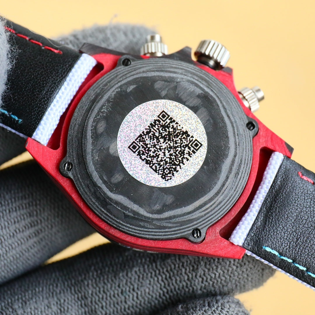 Rolex watch caseback with QR code, red and black outer ring, stainless screws