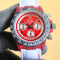 Rolex chronograph watch with red dial, red bezel, stainless case, red fabric strap