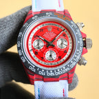 Rolex chronograph watch with red dial, red bezel, stainless case, red fabric strap