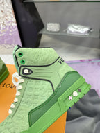 Green Louis Vuitton high-top sneaker heel and side strap with emblem and white laces