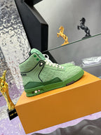 Green high-top Louis Vuitton sneaker, side profile, white lace-up and monogram