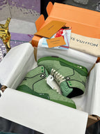 Green Louis Vuitton high-top sneakers in white packaging with white laces and monogram