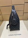 Dark monogram sling bag with front zip pocket and round mini pouch