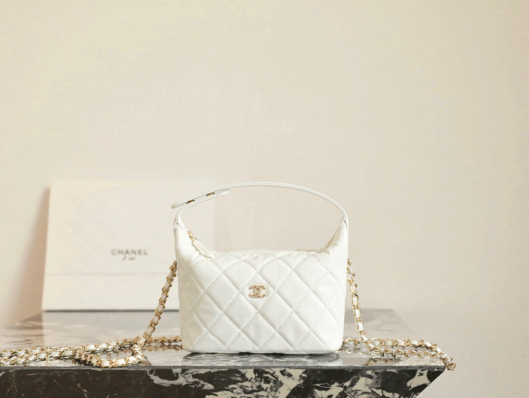 Chanel quilted leather mini handbag, white with gold CC logo and chain strap