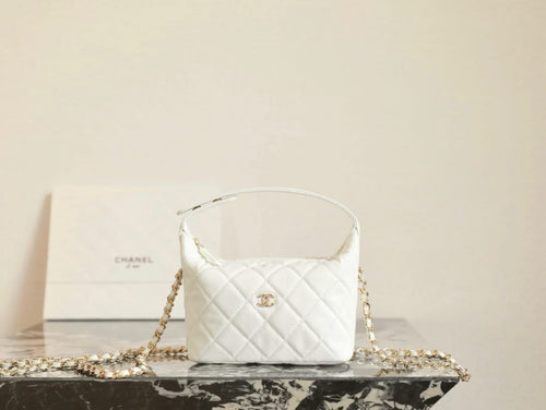 Chanel quilted leather mini handbag, white with gold CC logo and chain strap