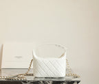 Chanel quilted white mini handbag with gold chain strap and CC logo