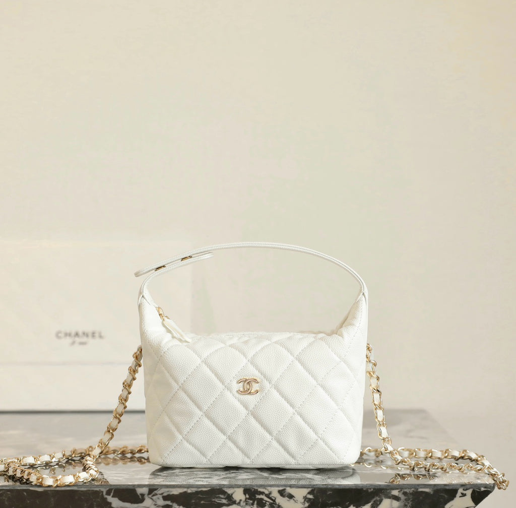 Chanel quilted leather mini handbag, white with gold CC logo and chain strap