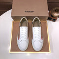 Burberry leather low-top sneakers, white with tan check side stripe and red accent