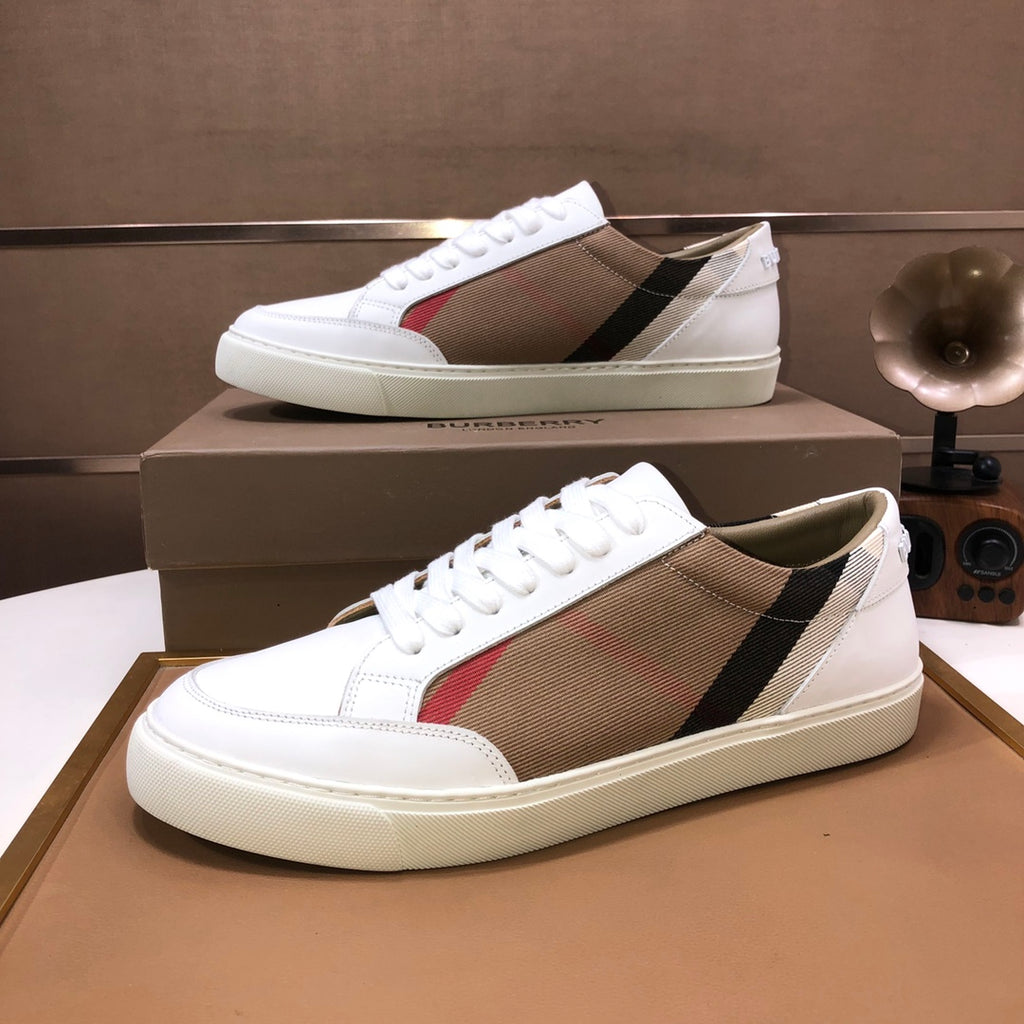 Burberry low-top sneakers, white with tan check panel, black stripe, and red detail