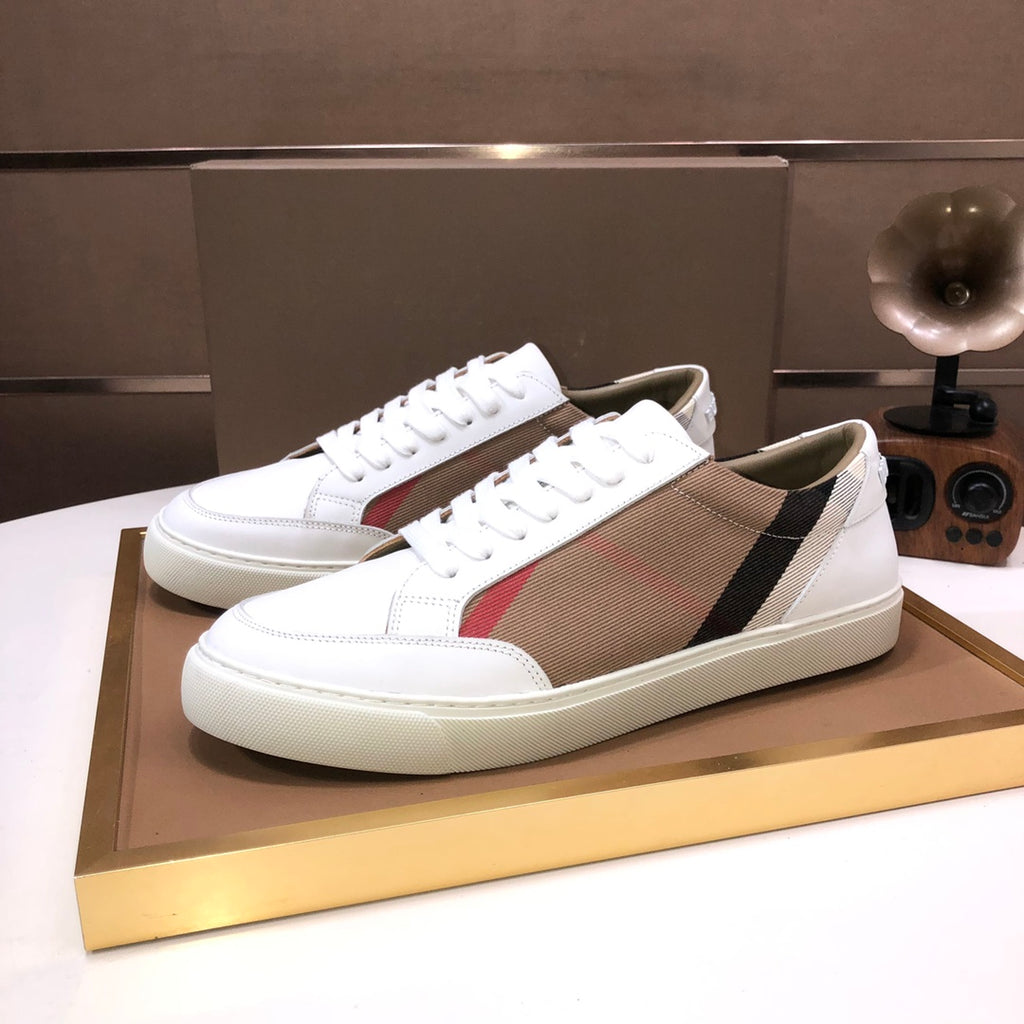 Burberry canvas low-top sneakers in white with tan, black, and red side stripe