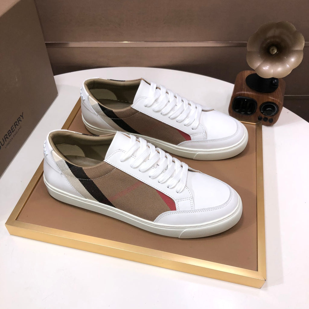 Pair of Burberry low-top sneakers, white uppers with tan check side stripe and red