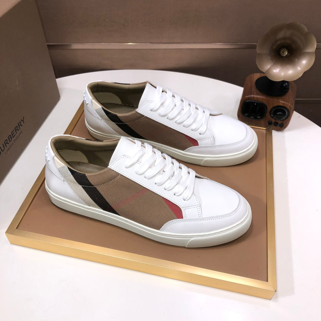 Pair of Burberry low-top sneakers, white uppers with tan check side stripe and red