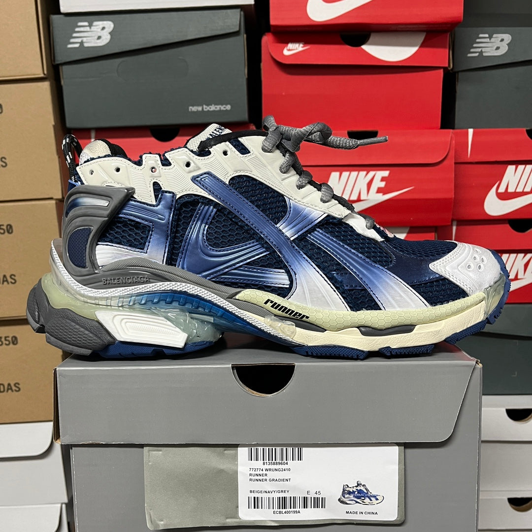 Balenciaga unisex running shoes, blue-and-white lace-up with textured panels